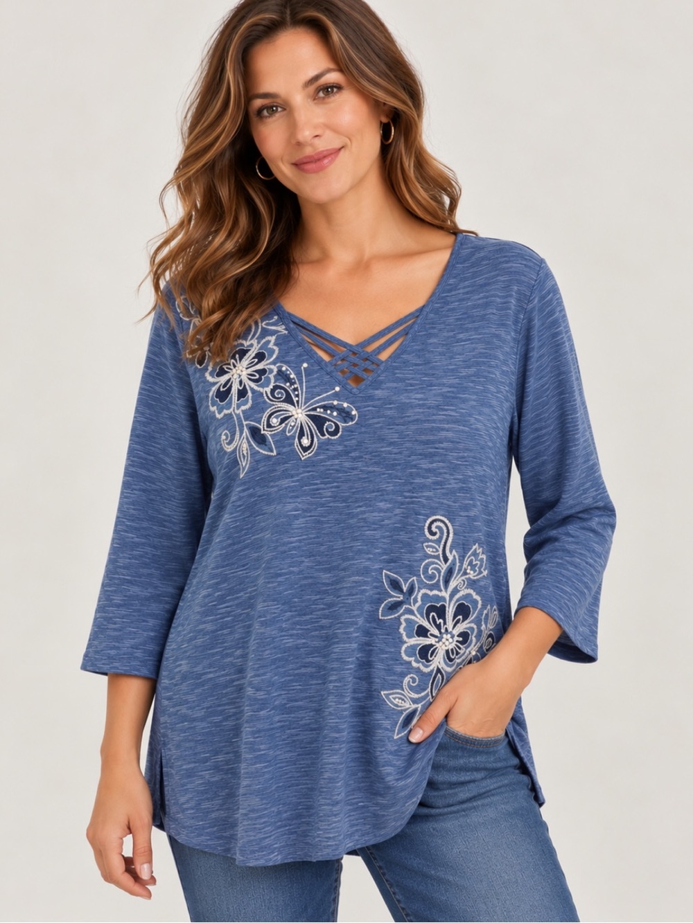 Alfred Dunner Blue Floral V-Neck Tunic with Lattice Detail size 1X